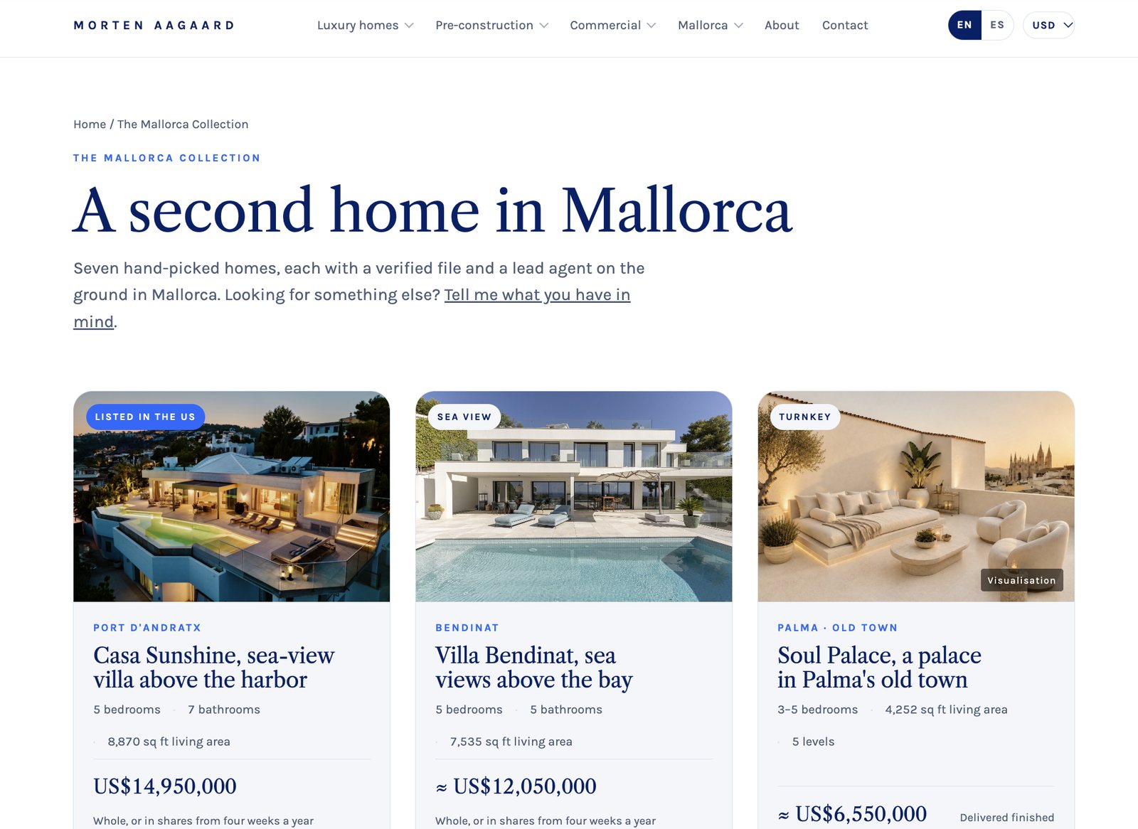 La Mallorca Collection en la web de Morten Aagaard, con precios en dólares